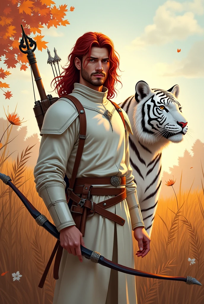 Beautiful male ranger long dark red hair short stubble  light white leather armour longbow resting in high grass white tiger autumn colours art deco style 