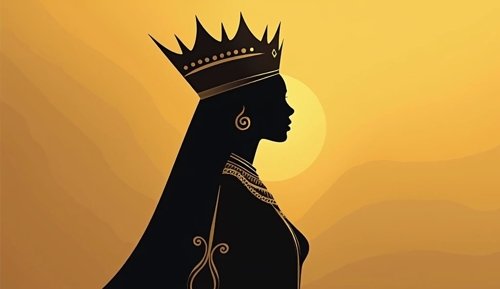 A minimalist and striking thumbnail focused on the figure of the Queen of Sheba. The central image is the elegant profile of the queen, with a stylized golden crown and fine details in her attire. The background is a soft gradient of gold and brown tones, referring to the richness and mystery of the desert. The silhouette of the queen is in black with gold details in the crown and adornments, standing out against the background. No text or other distracting elements, leaving the figure of the queen as the focal point, conveying power and mystery in a direct and sophisticated way.