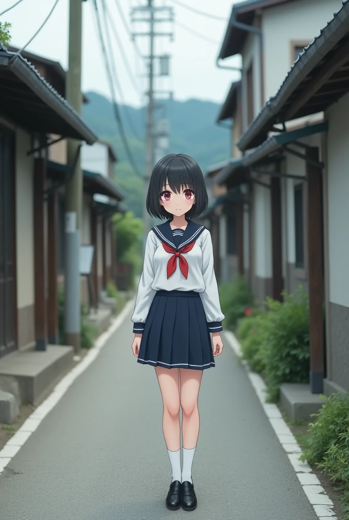 Standing in an empty alley in rural Japan、high school girl、Black short hair、Long sleeve sailor suit、skirt,Deep red eyes、barefoot、Cool smile、Full body portrait,Black Loafers,White socks