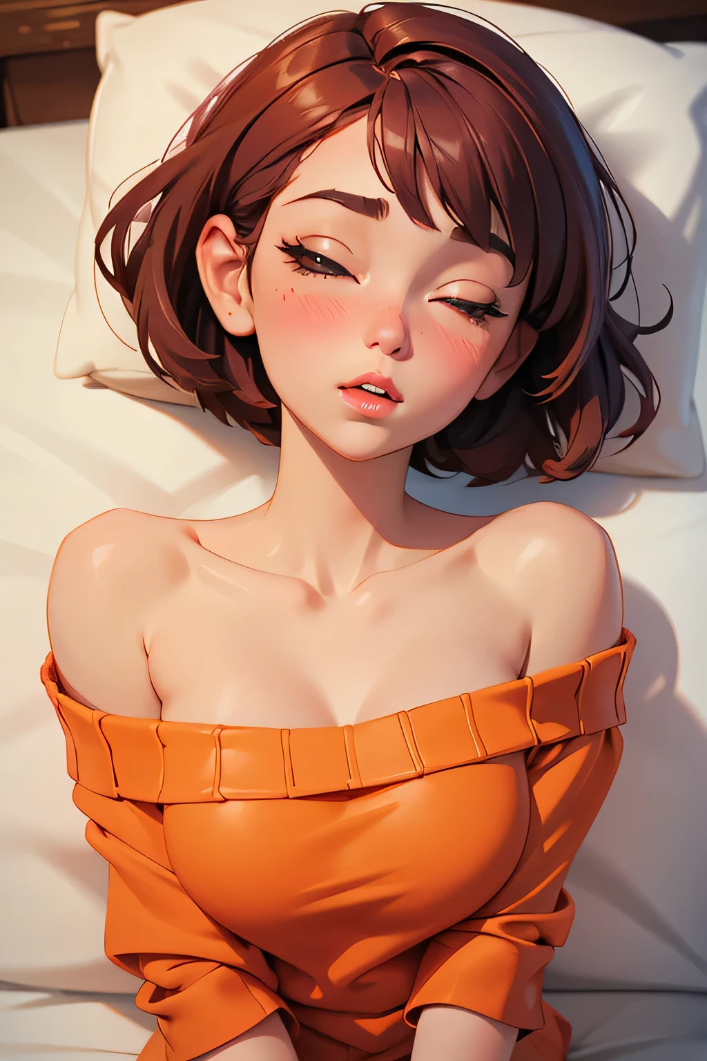 Amazing portrait of a sexy and cute girl with a short bob hairstyle and a seductive gaze who is blushing intensely with parted lips and is desperate and flustered and lustful wearing an off shoulder orange t shirt showcasing her bare shoulder while lying on bed