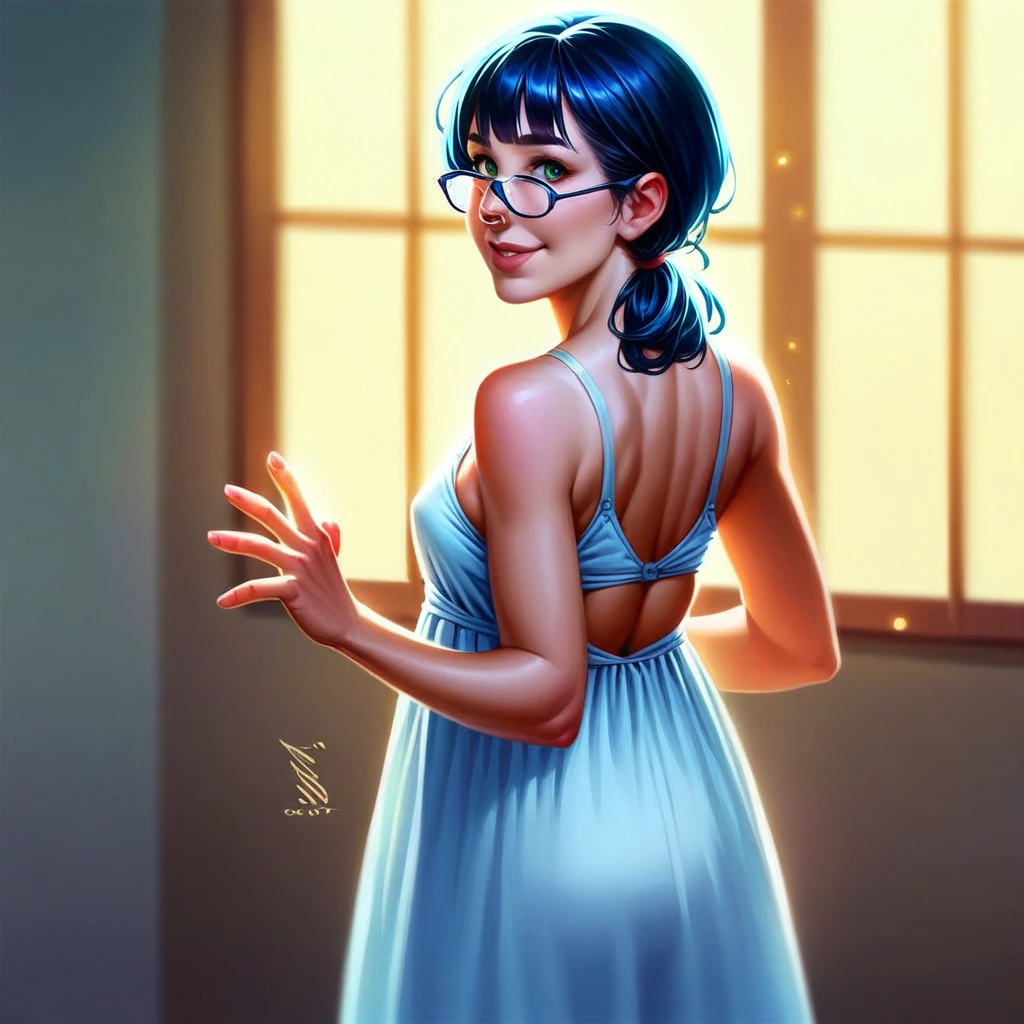 1girl, masterpiece, ((skinny girl, skinny arms)), (()), best quality, realistic face, black and blue hair with bangs and ponytail, large glasses, , , , green eyes, nose ring, chubby cheeks, long nose, low nose, high lips, dark eyebrows, ((trad blue and grey sundress)),  specular sunlight, ((golden hour lighting)), back porch background, dancing pose, big smile