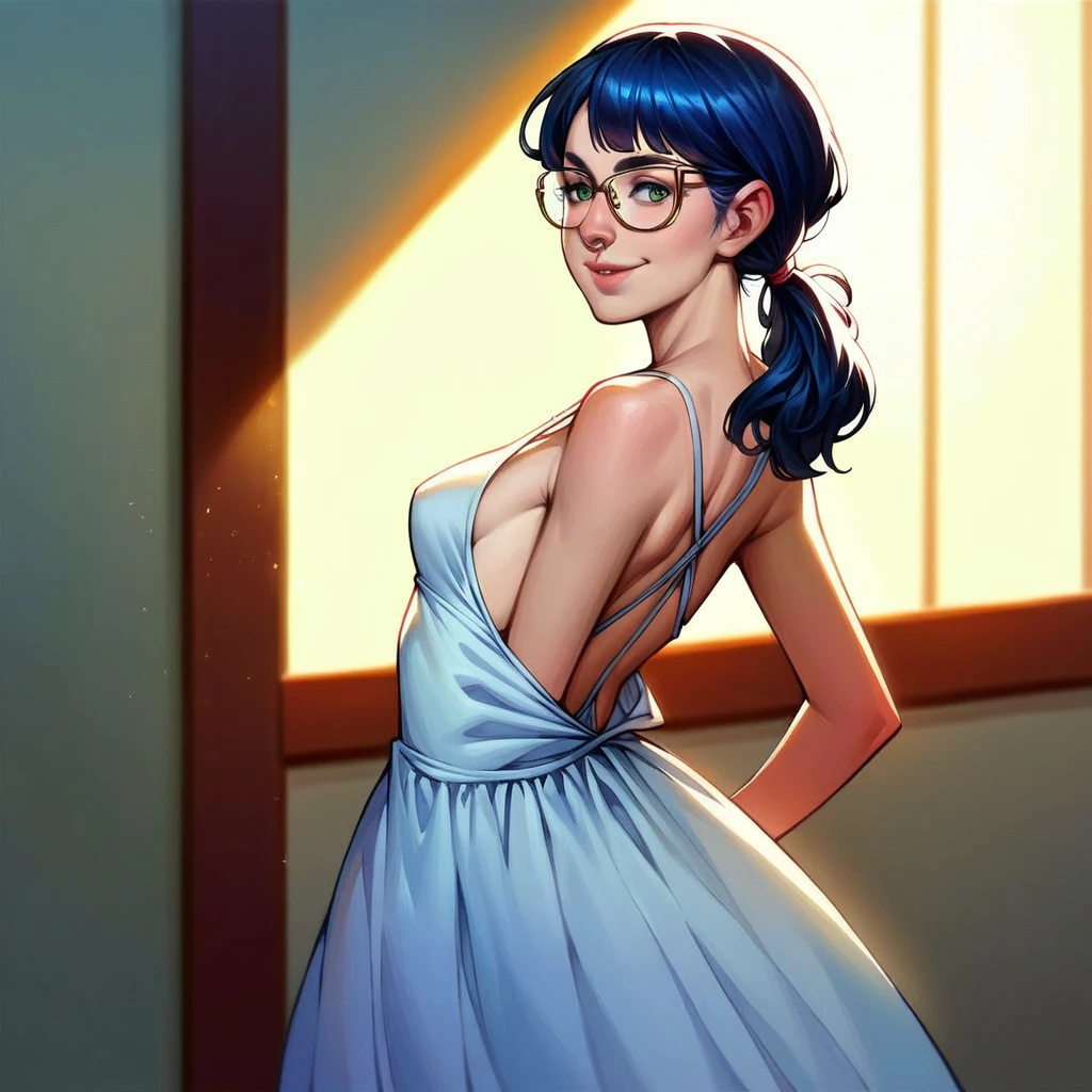 1girl, masterpiece, ((skinny girl, skinny arms)), ((small breasts)), best quality, realistic face, black and blue hair with bangs and ponytail, large glasses, , , , green eyes, nose ring, chubby cheeks, long nose, low nose, high lips, dark eyebrows, ((trad blue and grey sundress)), specular sunlight, ((golden hour lighting)), back porch background, dancing pose, big smile