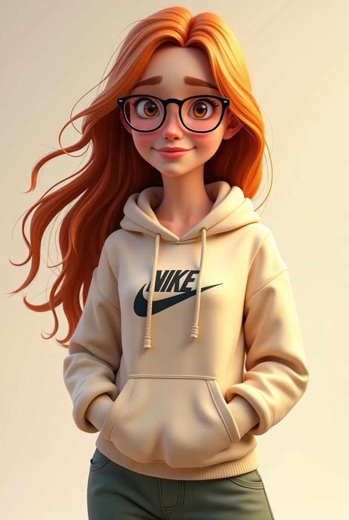 Create an image of how I would look in a Pixar style. I am 165 cm tall, I am a burnt white woman with blonde highlights, I have glasses and a Nike hoodie and baggy pants, a woman with long hair.