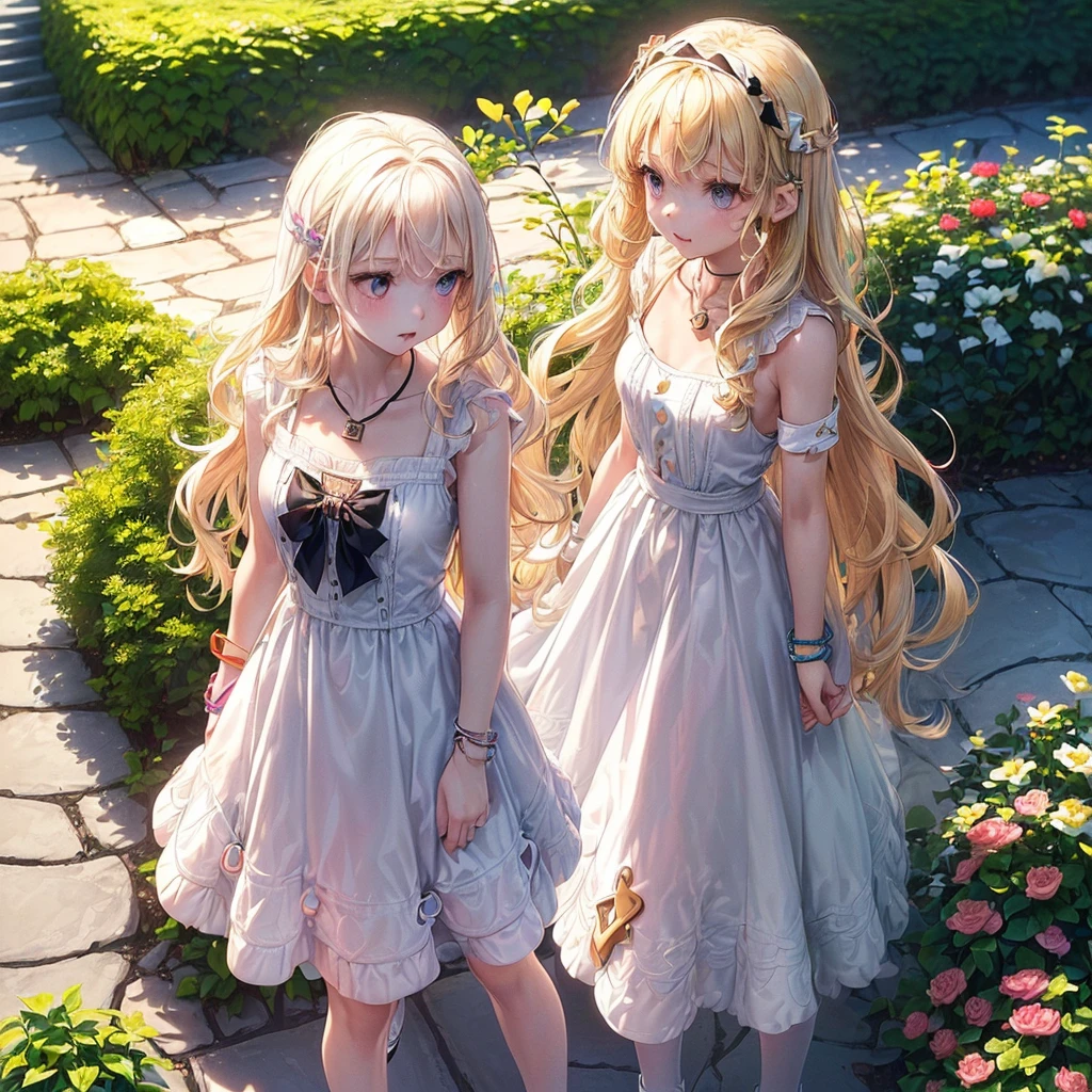 ((a single  girl from the front view with white skin and a thin body with small breasts, she has wavy blonde hair, she wears an autism badge around her neck which is a colorful puzzle badge, she has several colorful bracelets on her wrist, she wears a simple and cute white dress while wearing black flats)) ((the setting is a garden)) ((daylighting, 8k))