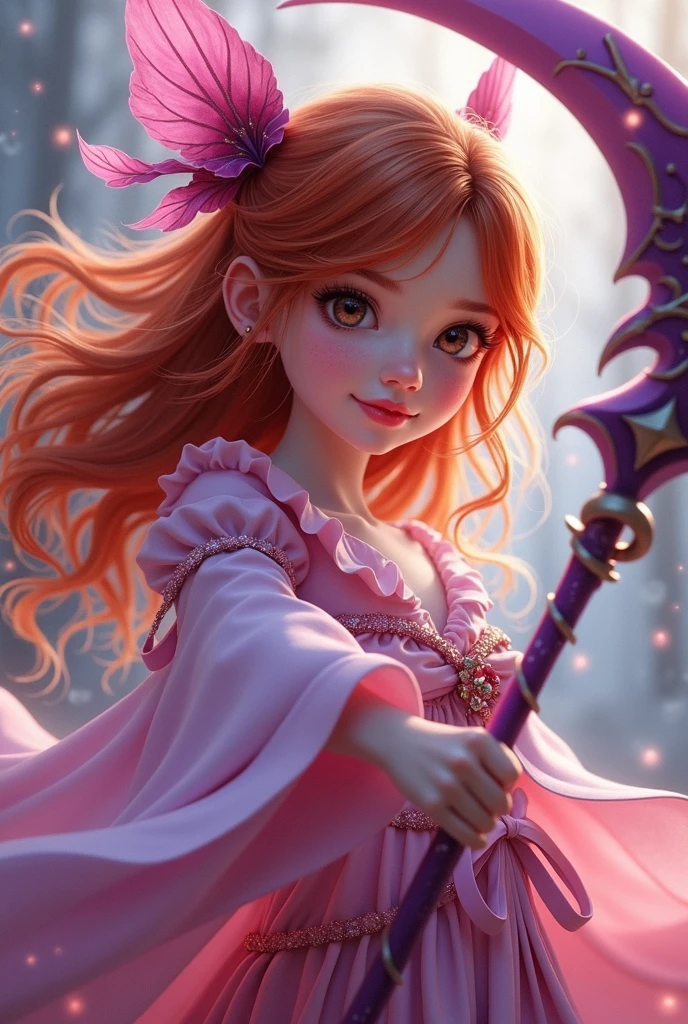 Solo, beautiful, young girl, light red color hair, brown eyes, pink magical outfit, purple cool scythe, magical girl