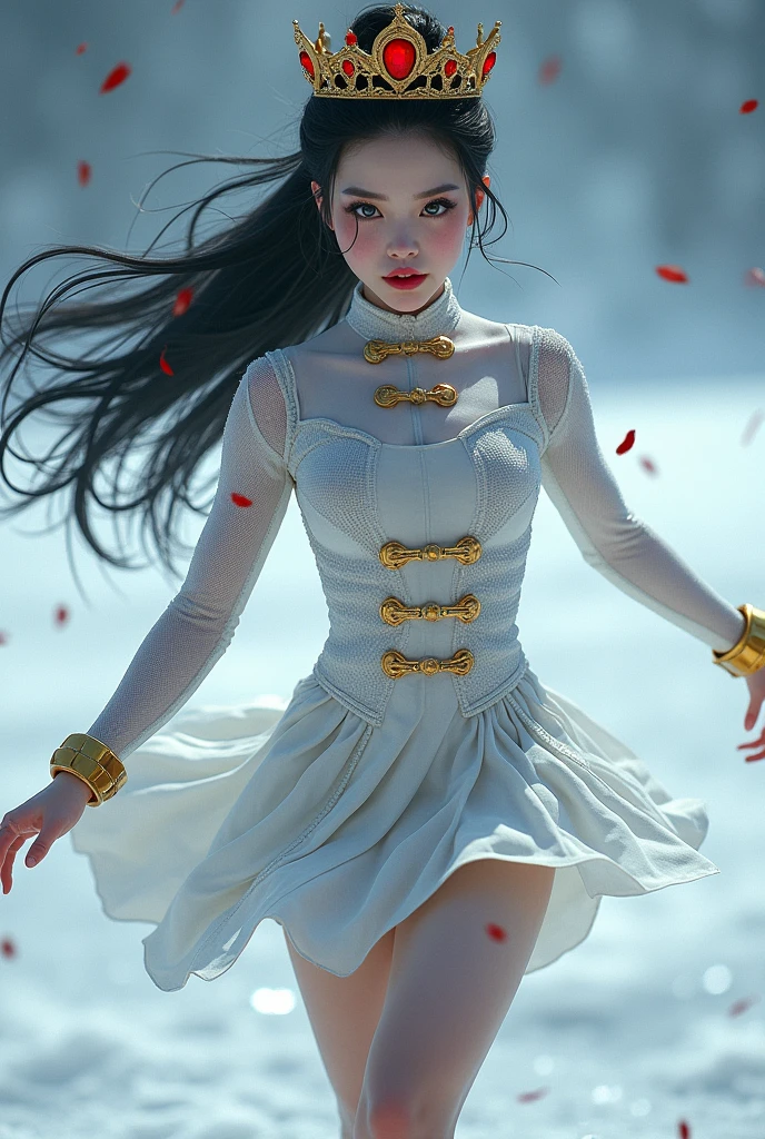 1 girl on an ice skating rink with skates, White skin color, long black hair but tied back in a ponytail ,Blue eyes, piercing gaze, made up with shadows and pink lipstick, with a tight silver white dress type mesh, short martial type, which has six pairs of gold buttons, the neck is high, long sleeves, with a gold watch on his wrist and blood spatters with a crown with red stones 