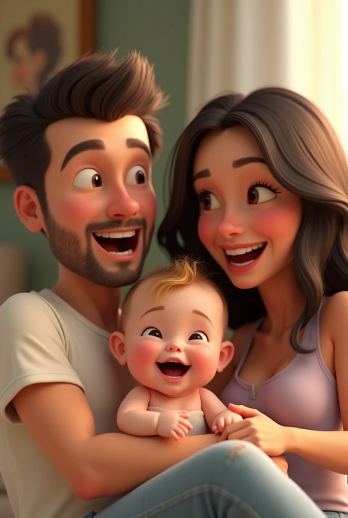Man cartoon characters have fair skin, short almost bald and dark hair, with a thin beard. He has a happy expression and is wearing a black t-shirt. The baby, who also has fair skin, has short blonde hair. He is wearing black overalls and is barefoot, with a happy expression. The woman, with fair skin, has long, dark brown, wavy hair and is wearing a long-sleeved black blouse. She also has a happy expression and appears to be laughing, creating an atmosphere of relaxation and happiness in the image, an animated character, Stylized Character, animation style rendering, stylized 3D, Arnold Maya Rendering, Stylized 3D Rendering, screenshot toon rendering, 3D Character, 3D Character, Stylized 3D Rendering, 3D Character Rendering, cartoon character, Close up Character, Character Pose, (Pixar Style) (Master part:1.2) (Bokeh) (best quality ) (detailed skin) (detailed texture) (8K) (clay) (cinematic lighting) (sharp focus，Sits and leaks the upper body