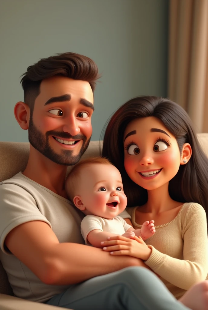 Man cartoon characters have fair skin, short almost bald and dark hair, with a thin beard. He has a happy expression and is wearing a black t-shirt. The baby, who also has fair skin, has short blonde hair. He is wearing black overalls and is barefoot, with a happy expression. The woman, with fair skin, has long, dark brown, wavy hair and is wearing a long-sleeved black blouse. She also has a happy expression and appears to be laughing, creating an atmosphere of relaxation and happiness in the image, an animated character, Stylized Character, animation style rendering, stylized 3D, Arnold Maya Rendering, Stylized 3D Rendering, screenshot toon rendering, 3D Character, 3D Character, Stylized 3D Rendering, 3D Character Rendering, cartoon character, Close up Character, Character Pose, (Pixar Style) (Master part:1.2) (Bokeh) (best quality ) (detailed skin) (detailed texture) (8K) (clay) (cinematic lighting) (sharp focus，Sits and leaks the upper body