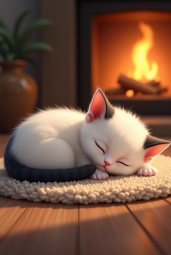 A cute little white kitten with a black tail, black marks on its back, black marks behind its ears, black nose, sleeping in a house on a rug behind a fireplace