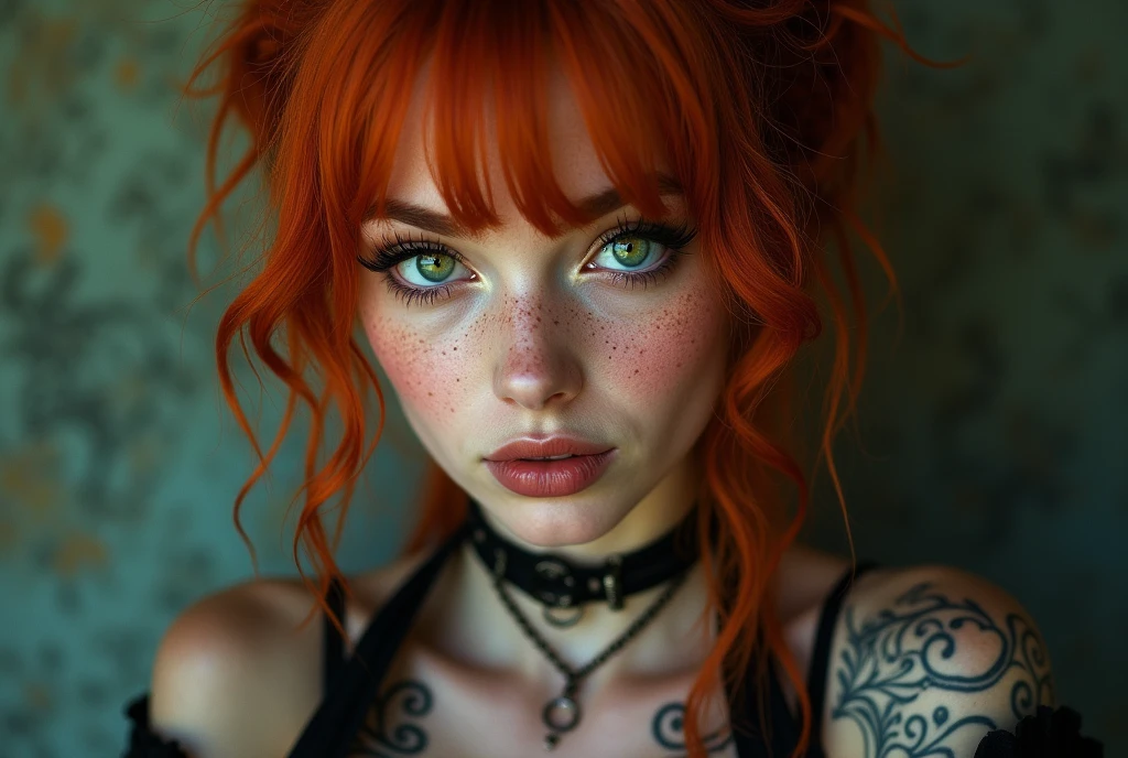 A woman in her 20s, looking at the camera, she has freckles, green eyes, she has Lush redhead hair, tttattoo, wearing a gothgal outfit, hyperdetailed, hyperrealism, detailed skin texture, ((best quality)), ((masterpiece)), (detailed), 8k uhd, Nikon 70d, ISO200, F/2.8, 1/25sec, 70mm, ((fantasy realistic background:1.2)) 