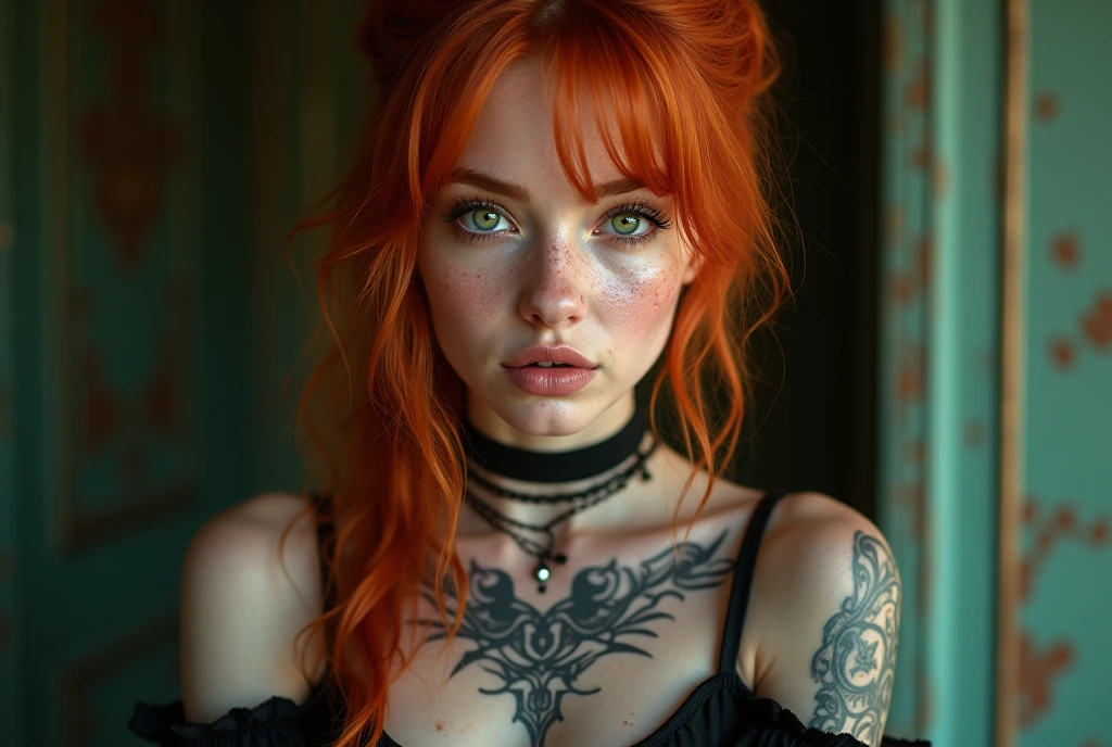 A woman in her 20s, looking at the camera, she has freckles, green eyes, she has Lush redhead hair, tttattoo, wearing a gothgal outfit, hyperdetailed, hyperrealism, detailed skin texture, ((best quality)), ((masterpiece)), (detailed), 8k uhd, Nikon 70d, ISO200, F/2.8, 1/25sec, 70mm, ((fantasy realistic background:1.2))
