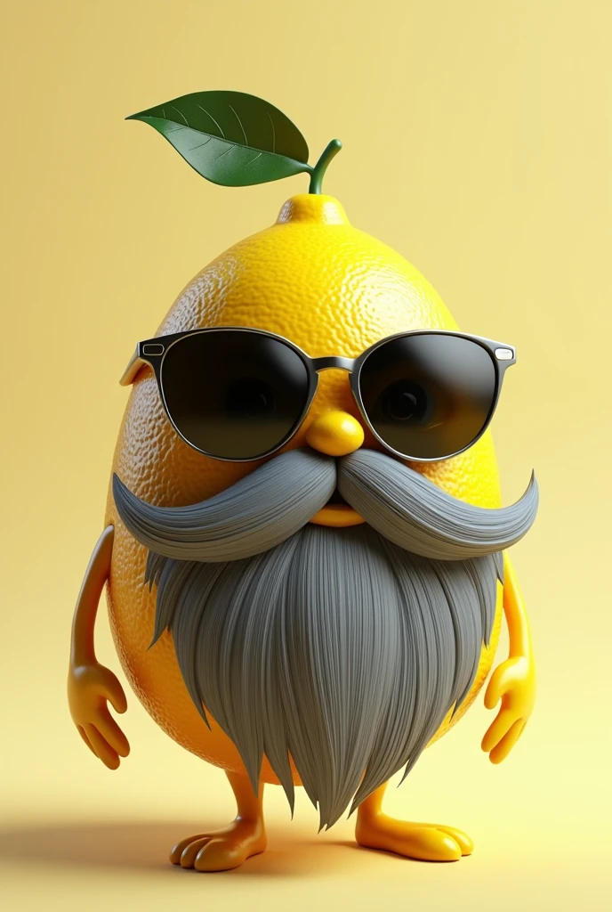 Create a lemon character with glasses, beard and hair. The lemon should have a unique appearance, with a stylish, well-groomed gray beard that complements his look. Add a pair of sunglasses that enhance your personality, perhaps with a sleek or modern frame. Hair must be well defined, fitting naturally into the shape of the lemon, with a cut that conveys style and maturity. Keep the lemon's yellow color vibrant, but with details that show your character and personality. The background can be simple, with a focus on the character to highlight its distinctive features.