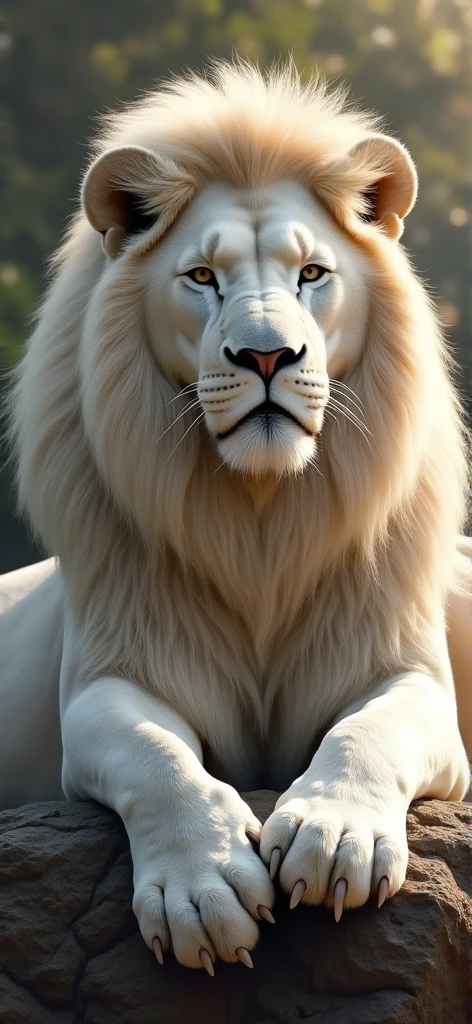 lion，Lion，Beautiful mane，best quality，Ultra-high resolution，White fur，Big furry paws，furry，Lying on the stone，Soak up the sun，A steady look，Lion King，Handsome，august，shadow，Setting diagram，Multiple images