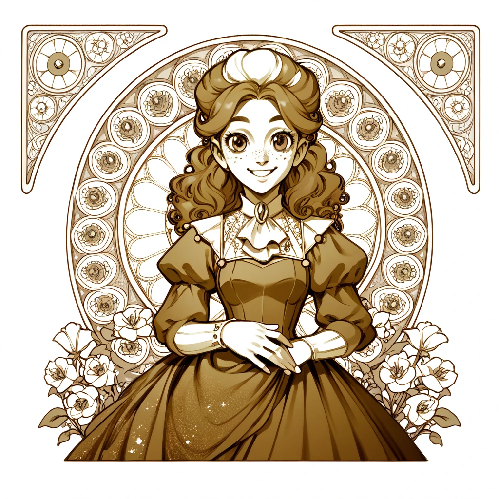 black and white, line art, art nouveau, frankelda, 1girl, solo, dress, puffy sleeves, freckles, cute smile, look at side, hands behind, half body view