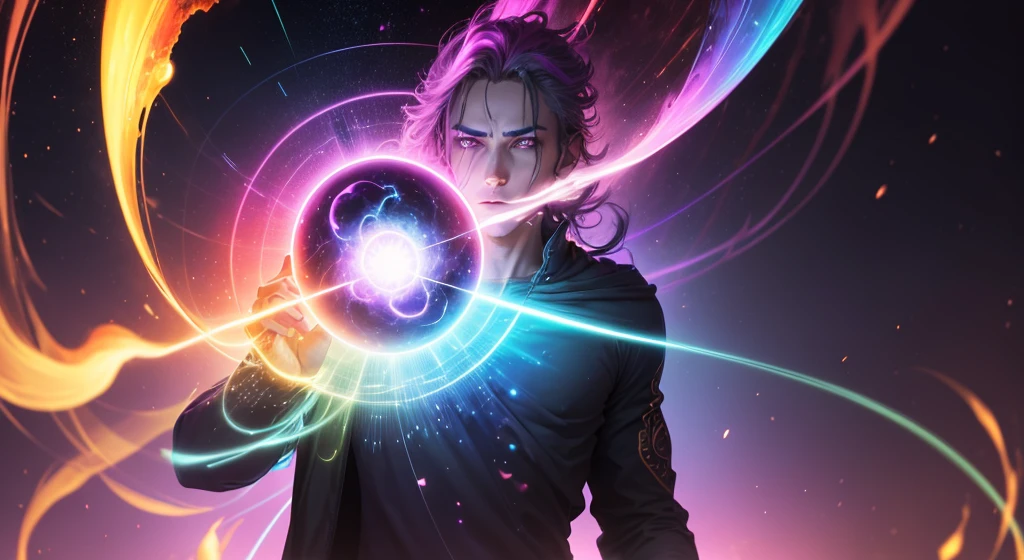 spirit, soul, Aura, spectrum, cosmic, energy, incorporeal, Characterless, Cosmic Energy Only, nebula, Aura, A photorealistic digital illustration of a human figure. A third eye in the center of his forehead. The character has a crystal body surrounded by bright, neon-like, rainbow-colored streams that circulate around and emanate from the body. In the center of his chest, bright, overlapping rainbow orbs radiate outward, creating a sense of energy or aura. The background is dark, which emphasizes the bright, vibrant effect of the colors. The character's head is obscured by a single, plain-colored square with no details, allowing the focus to be on the colorful display around the body. The design subtly combines ancient and futuristic elements with themes of mystery, the universe, and spirituality. The character appears powerful and surreal, reflecting the mystery and power of the universe.