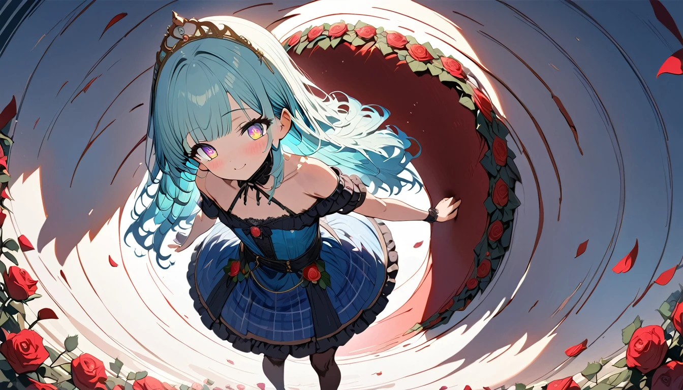 masterpiece, best quality, extremely detailed, (illustration, official art:1.1), 1 girl ,(((( light blue hair)))), ,(((( light blue long hair)))),light blue hair, ,((blush)) , cute face, big eyes, masterpiece, best quality,(((((a very delicate and beautiful girl))))),Amazing,beautiful detailed eyes,blunt bangs((((little delicate girl)))),(((tareme))),droopy eyes.(true beautiful:1.2), sense of depth,dynamic angle,,,, affectionate smile, (true beautiful:1.2),,(tiny 1girl model:1.2),)(flat chest),((Masterpiece)), (Anime:1.3), ((best quality)), (super detail:1.2), (High Definition:1.3), (Professional Photography:1.2), (sharp focus), (perfect light), (fisheye), wide shot, (()), cute , Plaid dress, (Off-Shoulder dress), hoop dress, wearing toy tiara, ****ta fashion, (loose blunt bangs), :3, ((Vibrant Pose)), exposed bare shoulder and arms, ****ta style, cute smile, (naughty smile), open mouth, pretty, (Healthy slim body), emo style, red checker, (((Body is surrounded by Rose flowers and petals: 1.8))), ribbon belt, white lilies,、Impressive eyes, gradient eyes
