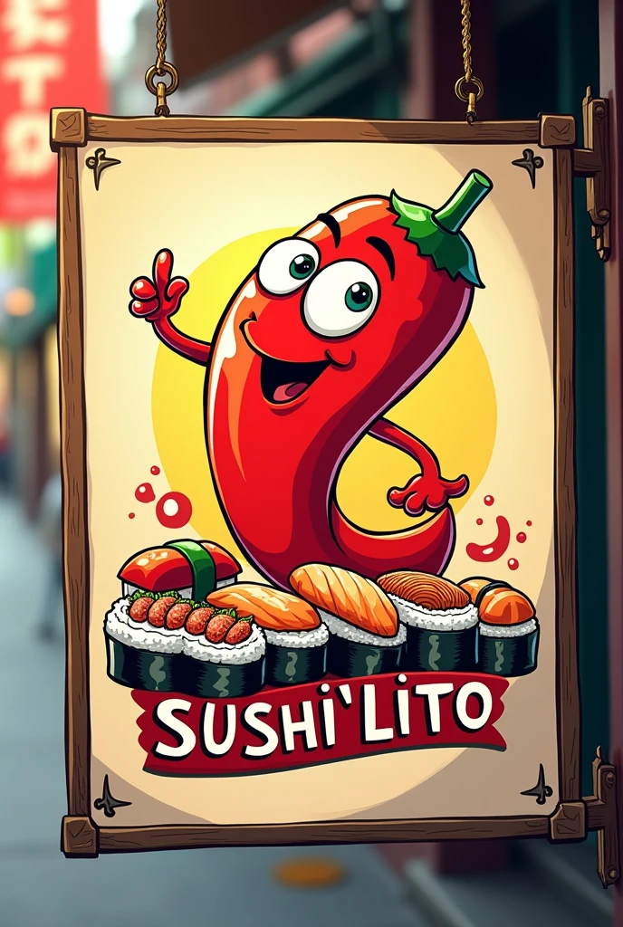 Sign that says Sushi&#39;lito with a cartoon chili with sushi 