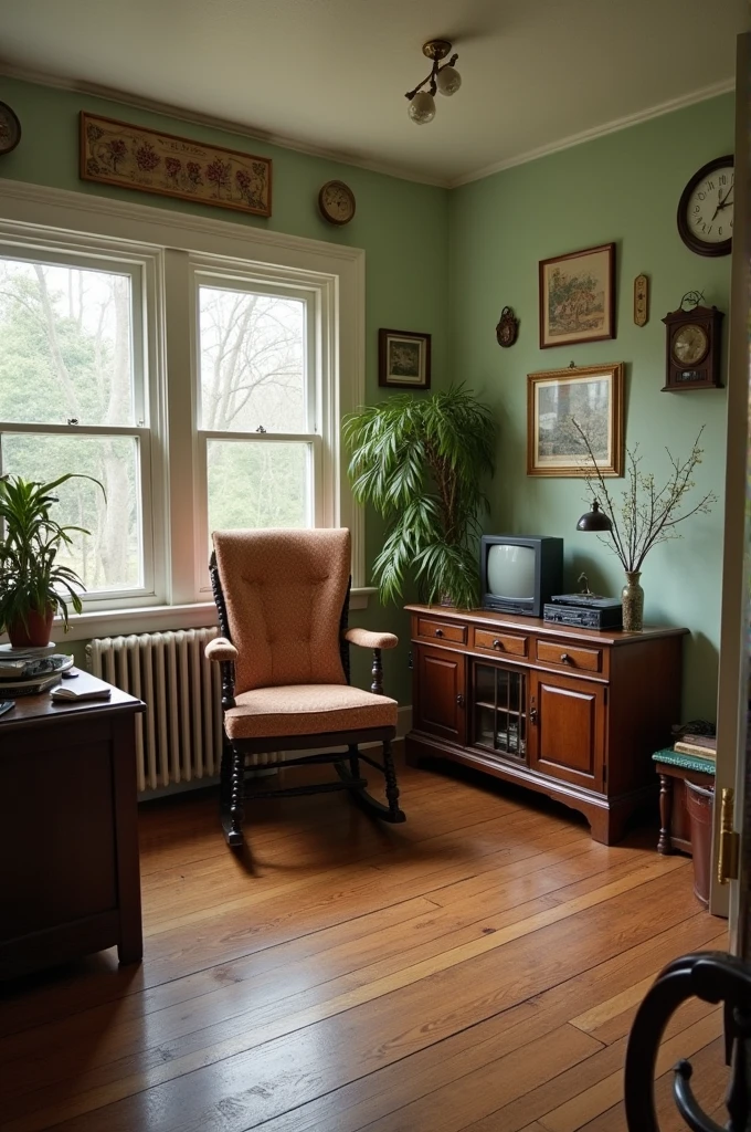 An open plan grandma's house living room, with vintage objects: rocking chair, radio, tube tv, video cassete, clock on the wall and etc.