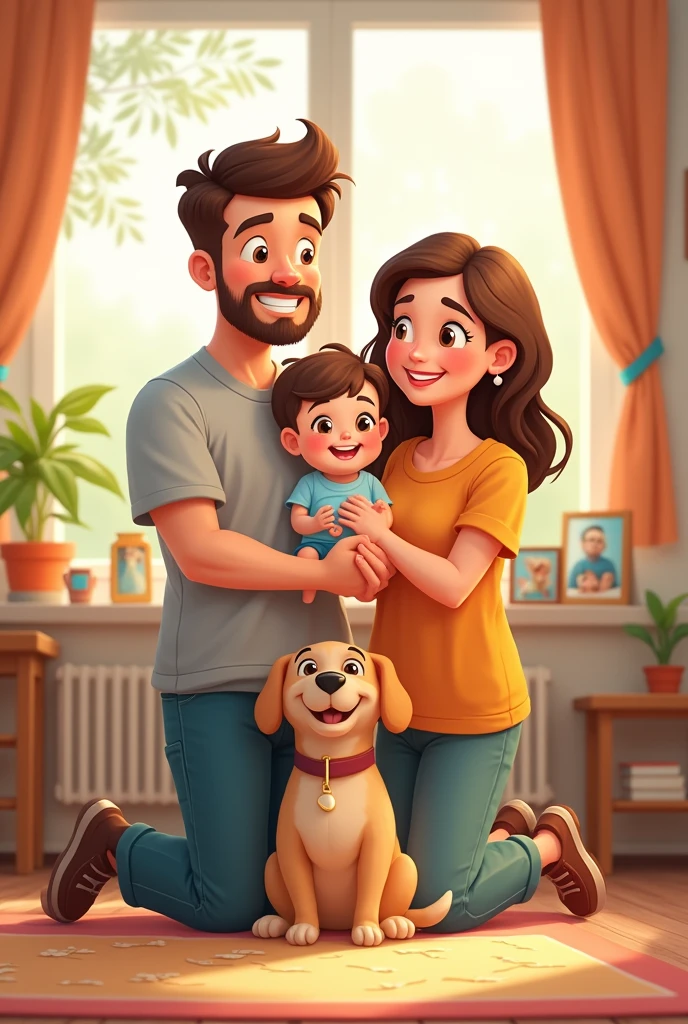 Family cartoon dad, mother, Baby boy, girl and dog