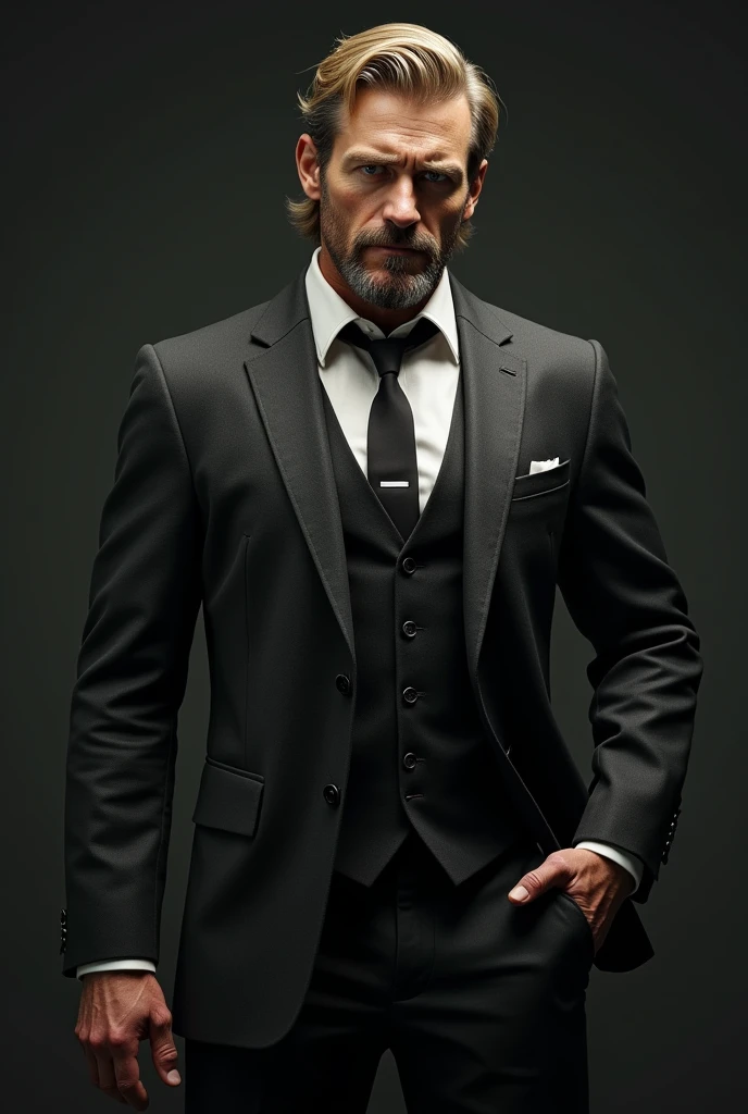 A 30 year old white man, sem beard, blonde medium hair, scar near the mouth, sculpted body, using suit, burn on the left hand