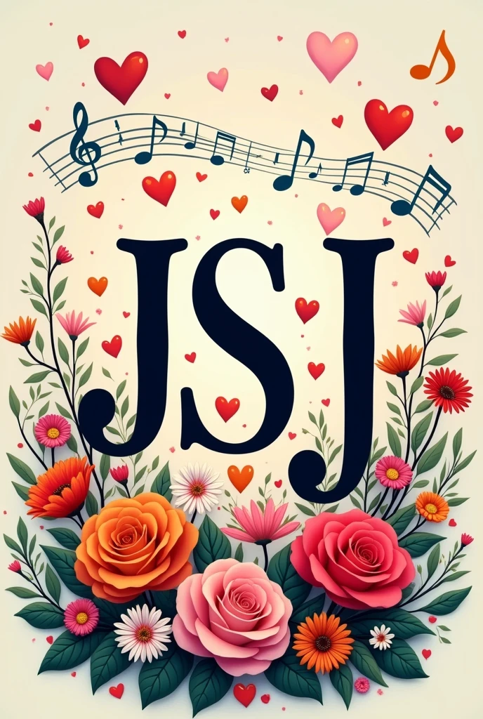 Image of the letters JSJ with musical notes, Hearts of various colors and flowers of various species