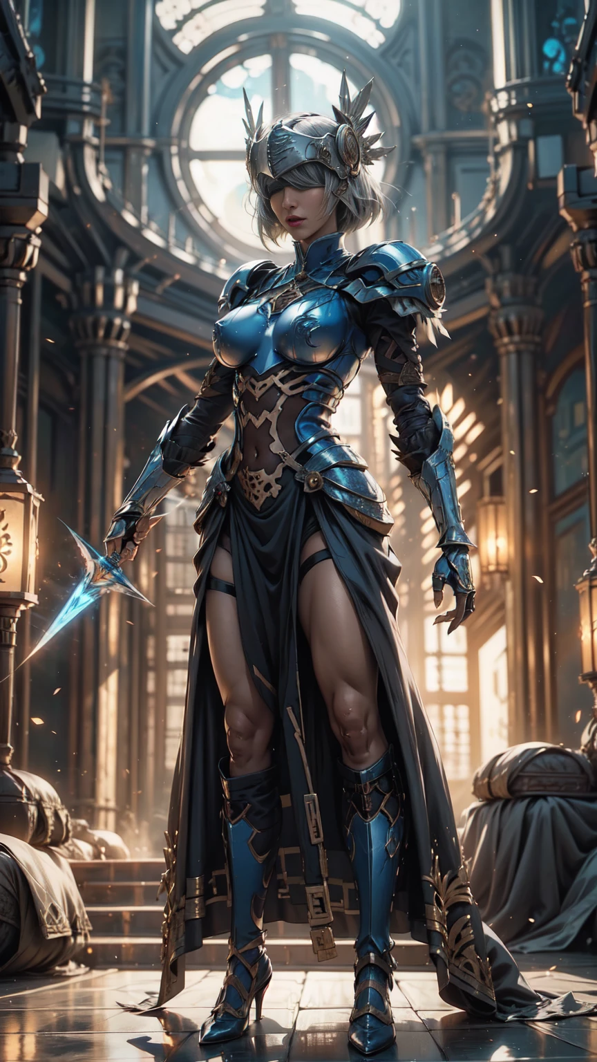 Make a 'kitbash' of Lenneth from 'Valkyrie profile' and 2B from 'Nier: Automata', combine 2B and Lenneth, solo, 1girl, BREAK: ((bright sapphire blue plate mech4rmor)), (keyhole cutout), (blue helmet with blindfold visor down:1.32), thigh cutout, long skirt, wings, BREAK: standing contrapposto, holding glowing spear, light smile, (strong arms), (strong thighs), (strong calves:1.27) , BREAK: plains, castle, BREAK: (better hands, best hands,) (insanely detailed, masterpiece, best quality), strong_negative, Chinese style