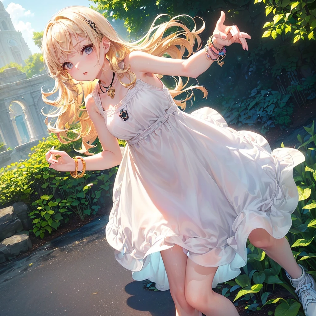 ((a single girl from the front view with white skin and a thin body with small breasts, she has wavy blonde hair, she wears an autism badge around her neck which is a colorful puzzle badge, she has several colorful bracelets on her wrist, she wears a simple and cute white dress while wearing black flats)) ((the setting is a garden)) ((daylighting, 8k))