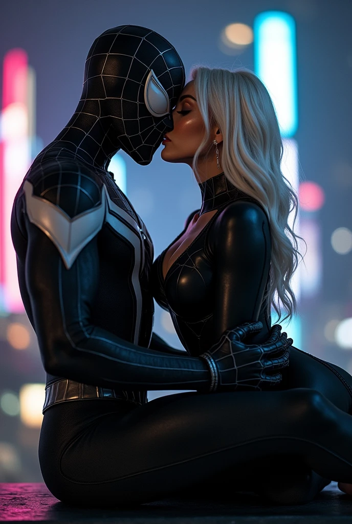 A stunning portrait of Felicia Hardy as the marvel character Black Cat straddling on top of a muscular Peter Parker in his black Spider-Man suit and white suit, symbiote suit, kissing, French kiss, passionate kiss, she is young and beautiful, her hair is white, she is wearing a black leather body suit unzipped to her belly button, cleavage, sexy, seductive, large breasts, athletic body, narrow waist, wide hips, Spider-Man’s suit is only black and white, he is not wearing his mask, Peter Parker,
Location: location is city rooftop at night. Neon lights
Action: she is sitting on top of him, straddling him, he is grabbing her ass passionately, her breasts are pressed against him.