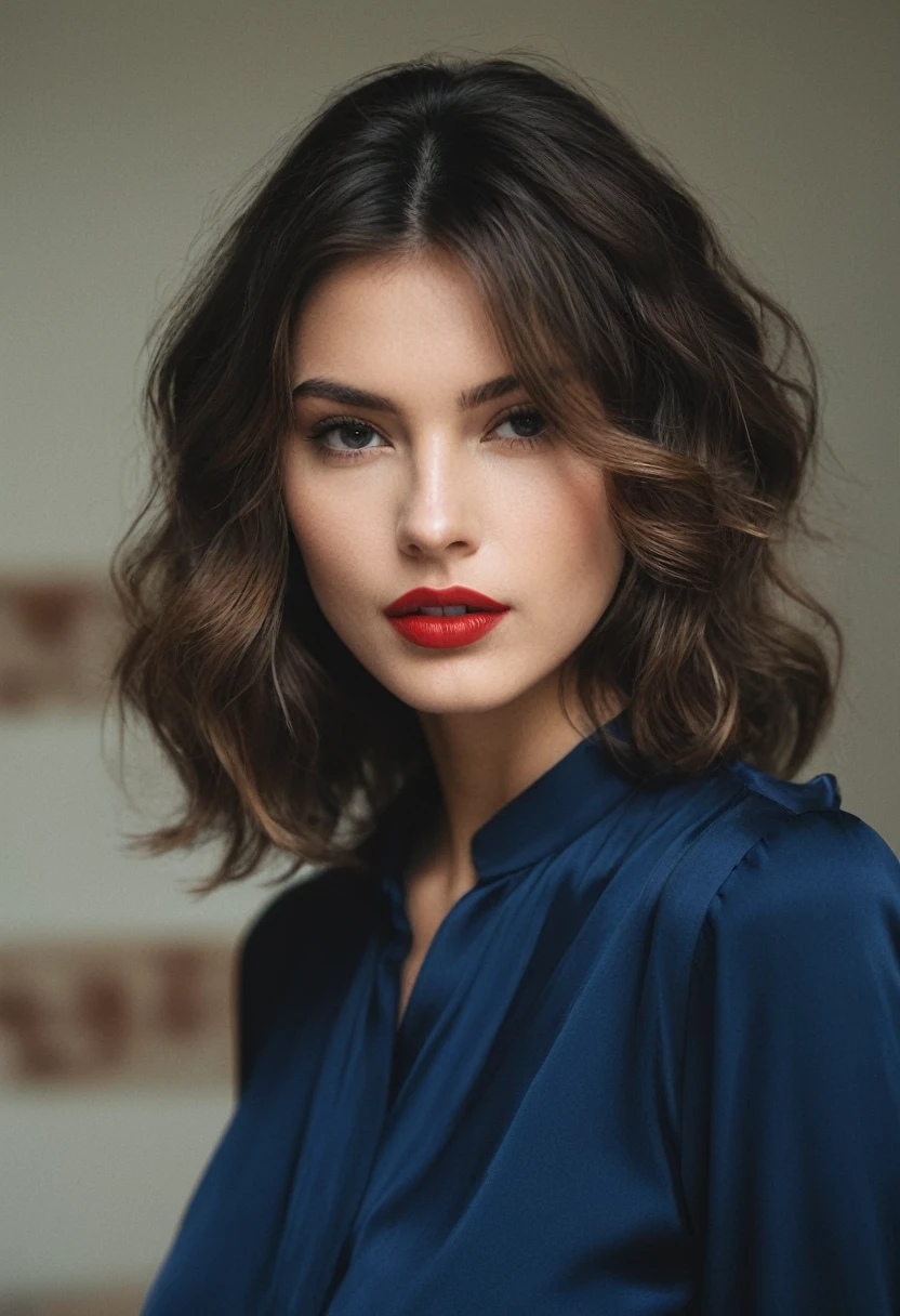 photoshoot for fashion advertising, RAW photo, editorial photograph, film stock photograph, cinematic, soft light BREAK woman with (styled wavy dark short hair) poses in casual dark blue max silk blouse, natural beauty with red lipstick BREAK amateur photo, analog, raw, f2, 35mm, 8k, highly detailed, (high quality, best quality:1.3), Extremely high-resolution, film grain, ((macro lens)), ((focused on eyes)), feminine expressions, dslr, Fujifilm Superia Premium 400, Nikon D850, Kodak Portra 400 f1.6 lens, 8k, UHD, (in style of Bruce Weber photography)