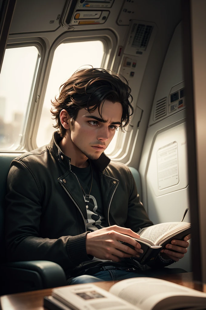 work of art,best qualityer, illustration,style of Philip Lorca diCorcia, motion picture still portrait of a young man sitting outside a spaceship , reading, 1 young, standing alone, shorth hair, barba, Face pretty, .Shallow depth of field, vignette, highy detailed, high budget, bokeh, cinemascope, temperamental, epic, marvelous, film grain, grainy
