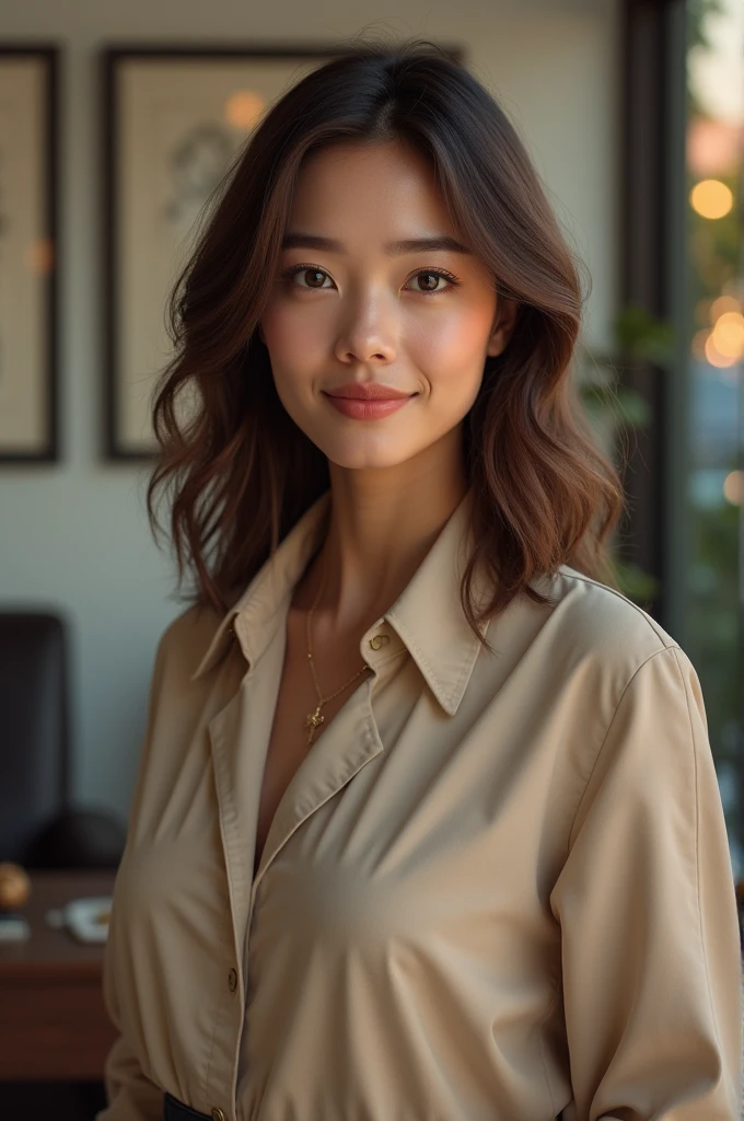 "Portrait of a young woman standing confidently, with shoulder-length wavy hair, wearing a simple, elegant outfit. She has a calm expression, light makeup, and is shown from the waist up. The background can be easily changed to depict various scenes, like a city street, a forest, a modern office, or a cozy living room, allowing for different settings without altering her appearance."