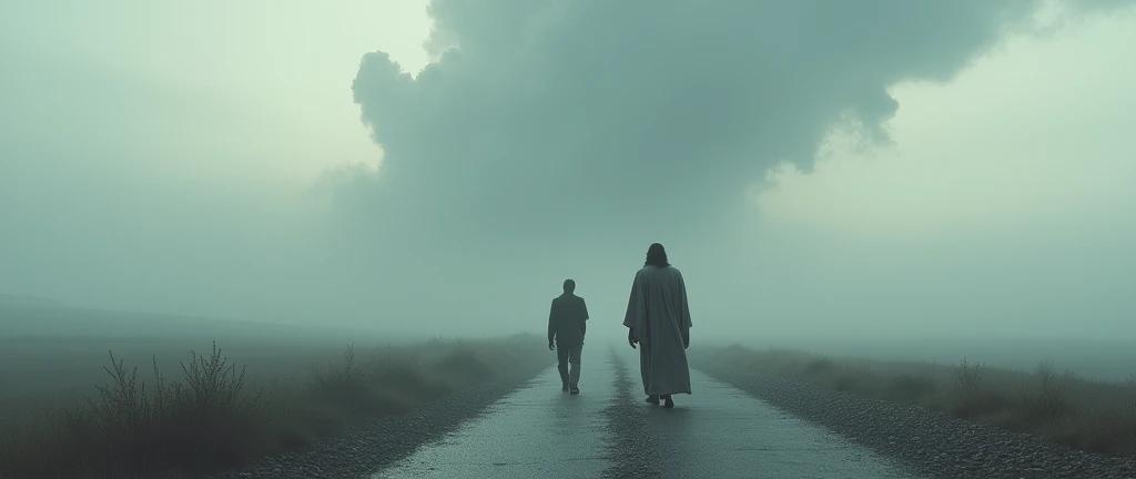 a man walking behind Jesus on a paved road foggy overcast day with huge cloud in sky