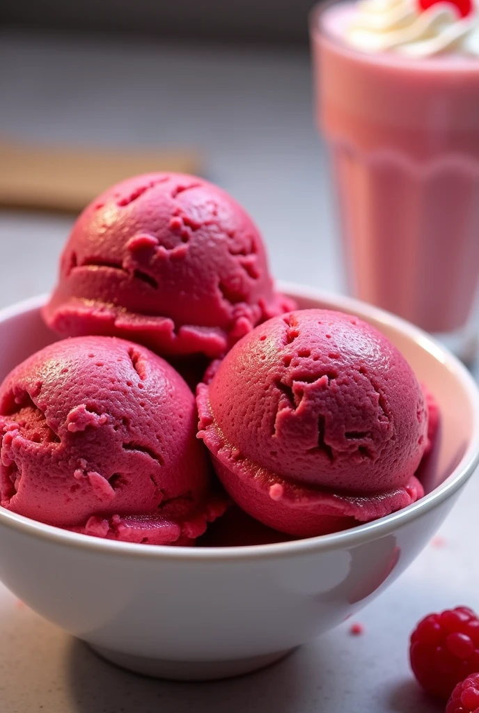 three scoops of raspberry ice cream in a beautiful bowl + milkshake on the right side