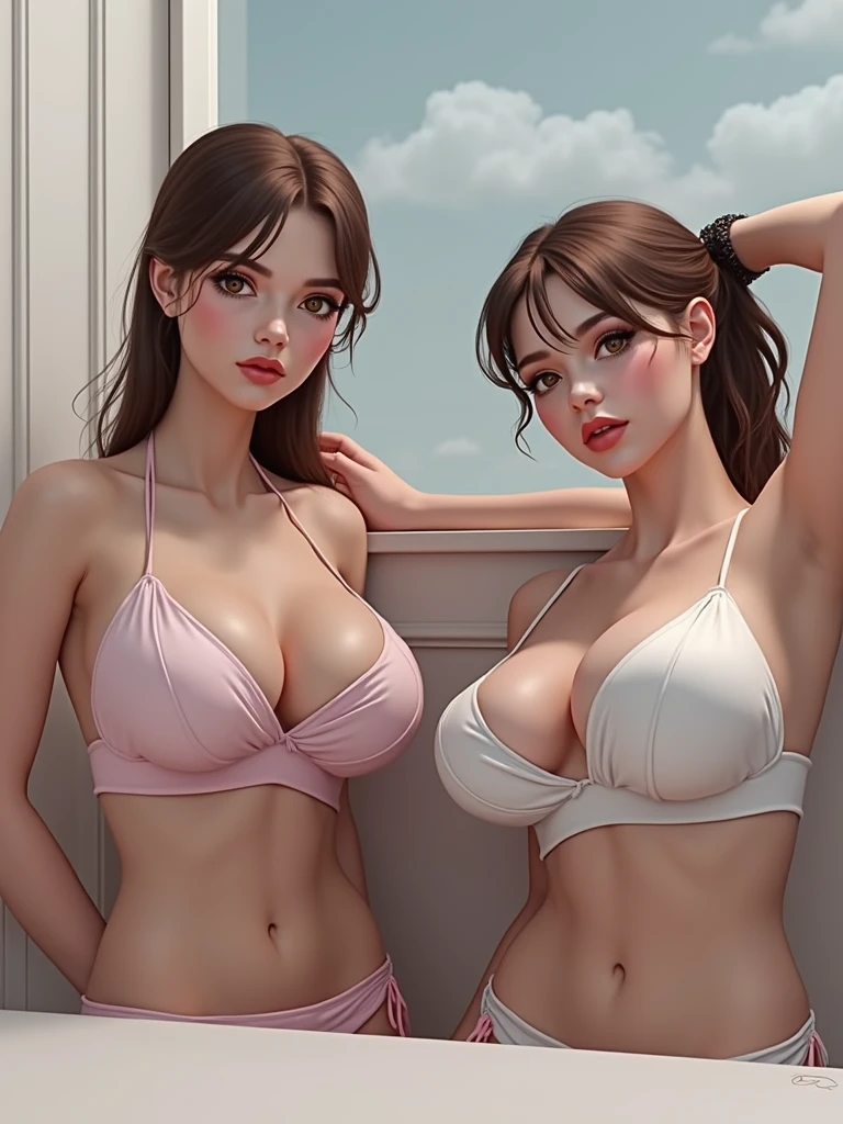 "Two girls, brown eyes, sharp eyes, eyelashes, eyeliner, long hair, rosy cheek, thick lips, plain background, narrow waist, skinny, curvy, wide hips, thick thighs, narrow waist, skinny, huge breasts, gigantic breasts, bursting breasts, spilling out breasts, bikini"