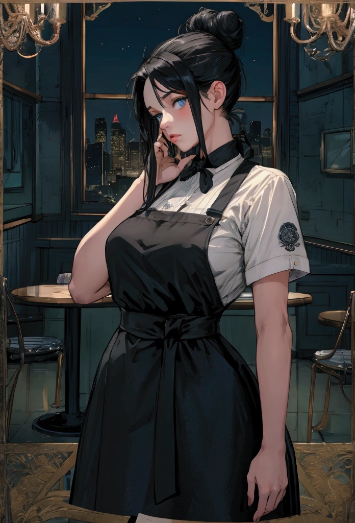 (masterpiece),"highest quality",, "detailed features" , "detailed eyes", "1girl" , "feminine build" , "blue eyes" , "diner uniform" , "full body, "dark diner background" , "lips slightly parted" , "long black hair tied in messy bun", "Apathetic and tired" , "midnight" , "upper body"
