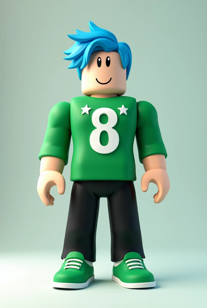 Male roblox character, Caucasian skin, hair blue, green shirt with a white eight in the middle and two white stars above the eight, black pants, green shoe, minecraft style, posing for a photo to make it square