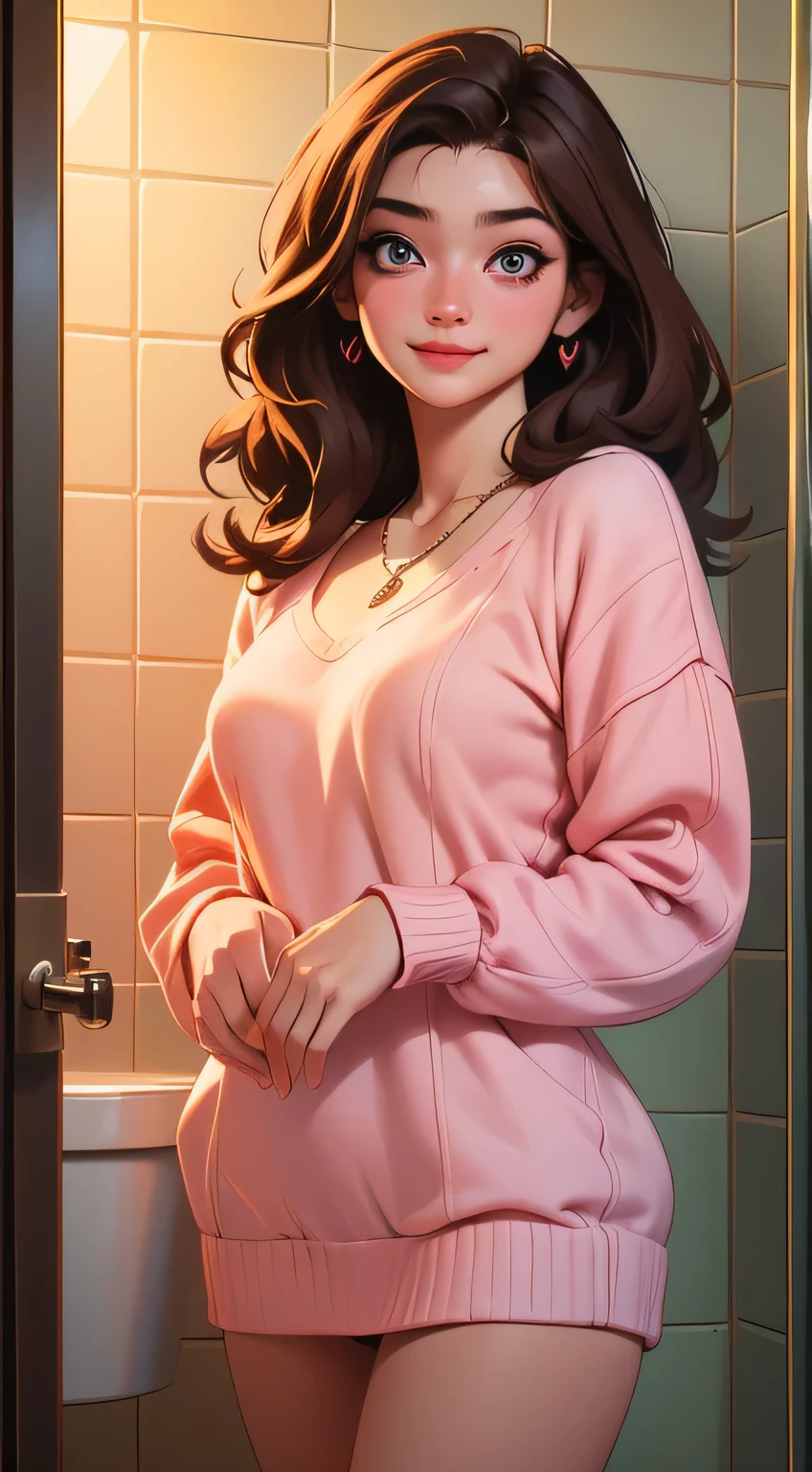 ((Night, Realistic Light, Best Quality, 8K, Masterpiece: 1.3)), 1girl, Slim Beauty: 1.4, (Brown hair, Medium breasts: 1.3), Long pink sweater: 1.1, Bathroom, Super fine face, Delicate eyes, Double eyelids, smile, necklace