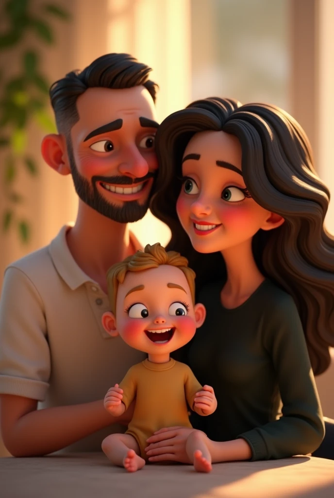 Man cartoon characters have fair skin, short almost bald and dark hair, with a thin beard. He has a happy expression and is wearing a black t-shirt. The baby, who also has fair skin, has short blonde hair. He is wearing black overalls and is barefoot, with a happy expression. The woman, with fair skin, has long, dark brown, wavy hair and is wearing a long-sleeved black blouse. She also has a happy expression and appears to be laughing, creating an atmosphere of relaxation and happiness in the image, an animated character, Stylized Character, animation style rendering, stylized 3D, Arnold Maya Rendering, Stylized 3D Rendering, screenshot toon rendering, 3D Character, 3D Character, Stylized 3D Rendering, 3D Character Rendering, cartoon character, Close up Character, Character Pose, (Pixar Style) (Master part:1.2) (Bokeh) (best quality ) (detailed skin) (detailed texture) (8K) (clay) (cinematic lighting) (sharp focus,Sits and leaks the upper body. O homem e careca!!!