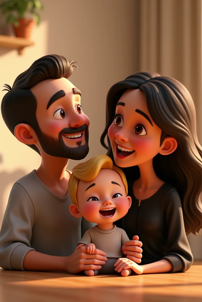 Man cartoon characters have fair skin, short almost bald and dark hair, with a thin beard. He has a happy expression and is wearing a black t-shirt. The baby, who also has fair skin, has short blonde hair. He is wearing black overalls and is barefoot, with a happy expression. The woman, with fair skin, has long, dark brown, wavy hair and is wearing a long-sleeved black blouse. She also has a happy expression and appears to be laughing, creating an atmosphere of relaxation and happiness in the image, an animated character, Stylized Character, animation style rendering, stylized 3D, Arnold Maya Rendering, Stylized 3D Rendering, screenshot toon rendering, 3D Character, 3D Character, Stylized 3D Rendering, 3D Character Rendering, cartoon character, Close up Character, Character Pose, (Pixar Style) (Master part:1.2) (Bokeh) (best quality ) (detailed skin) (detailed texture) (8K) (clay) (cinematic lighting) (sharp focus，Sits and leaks the upper body. O homem e careca!!!