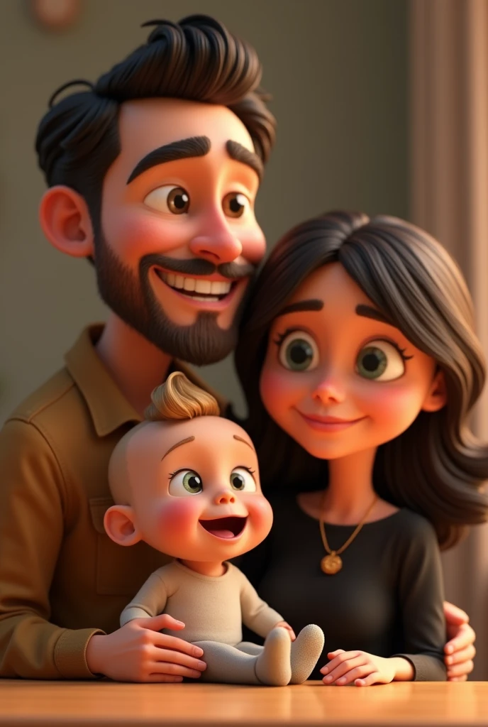 Man cartoon characters have fair skin, short almost bald and dark hair, with a thin beard. He has a happy expression and is wearing a black t-shirt. The baby, who also has fair skin, has short blonde hair. He is wearing black overalls and is barefoot, with a happy expression. The woman, with fair skin, has long, dark brown, wavy hair and is wearing a long-sleeved black blouse. She also has a happy expression and appears to be laughing, creating an atmosphere of relaxation and happiness in the image, an animated character, Stylized Character, animation style rendering, stylized 3D, Arnold Maya Rendering, Stylized 3D Rendering, screenshot toon rendering, 3D Character, 3D Character, Stylized 3D Rendering, 3D Character Rendering, cartoon character, Close up Character, Character Pose, (Pixar Style) (Master part:1.2) (Bokeh) (best quality ) (detailed skin) (detailed texture) (8K) (clay) (cinematic lighting) (sharp focus,Sits and leaks the upper body. O homem e careca!!!