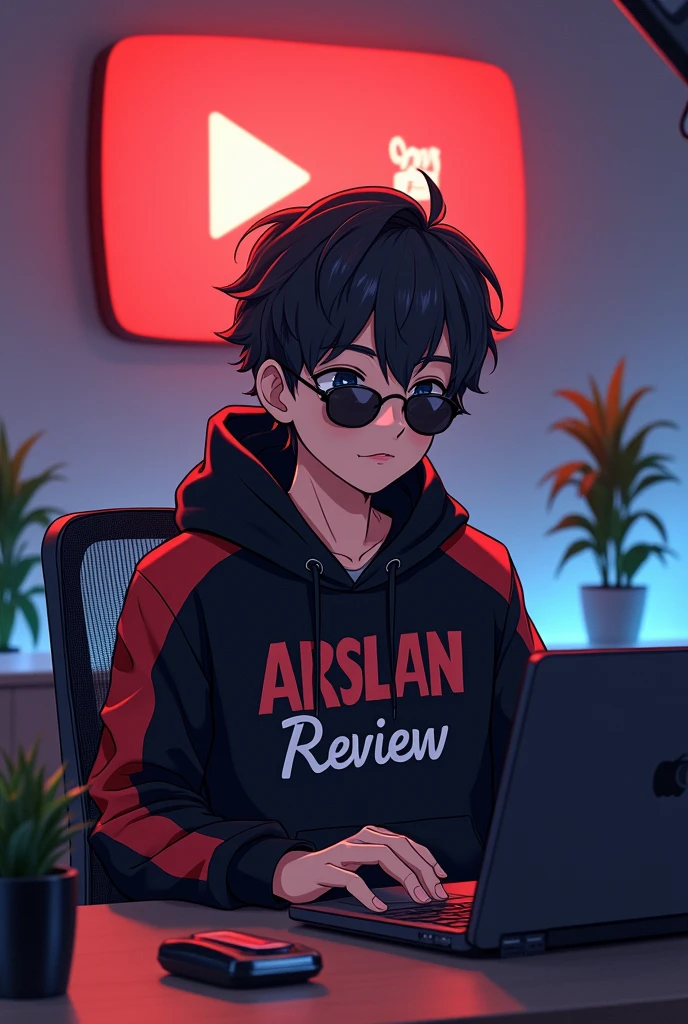 A 18 years anime boy with sunglasses and, sitting in front of a computer desk with a microphone and laptop, wearing black and red hoodie with the Channel Name on it "Arslan Review". The background includes a large YouTube logo on the wall, potted plants on either side, looking at camera

and various recording equipment.