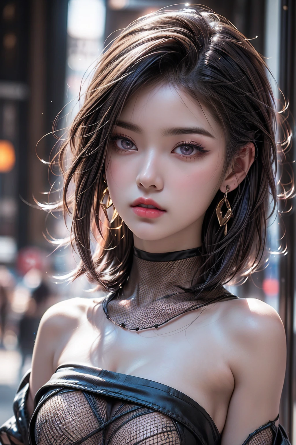 ((Make your subject look three-dimensional with the contrast of light and shadow)), Realistic (photorealistic Realism 16K Quality), ultra realistic details: velvety skin, blonde short slicked to the side hair, symmetrical lips, light glossy red_lipstick, long blue_eyelashes, pupils, (clear sharp focus, not blurry, Realistic brown_eyes:1.35), (anatomically correct), (perfect female body:1.4),beautiful feet,cute girl,(firm and full breasts:1.3), Hyper Photorealistic ((portrait)) a cute 1model:1.4 24yo, dslr, best high quality soft lighting, sharp focus captured by Fujifilm XT3, f 5.6, in a dramatic lighting, (perfect composition), pale skin, (dry skin), ((her outfit consists of black fishnet stockings all over her body:1.3)), 