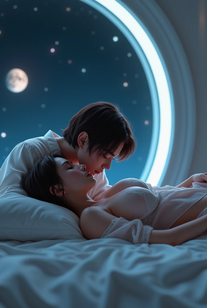 Image of a sexy woman with short brown hair, 3, size 42DD for large breasts, She is asleep lying on a bed in a futuristic room, that has large windows, the sky is starry with two moons, wearing a transparent robe and a 20-year-old boy is on top of her and kisses her breasts while she sleeps.