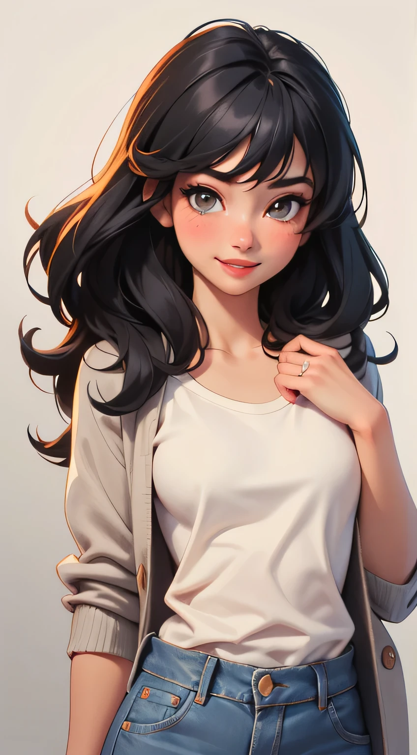 Amazing portrait of a sexy woman wearing her long straight luscious black hair, seductively gazing and smiling, soft lips, parted, blushing intensely, smiling, white t shirt, grey cardigan, baggy jeans, medium chest, perfect body