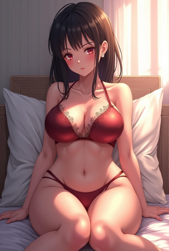 Anime girl with giant breasts, sitting on the pillow seductively without panties showing off her, the giant ass without panties 