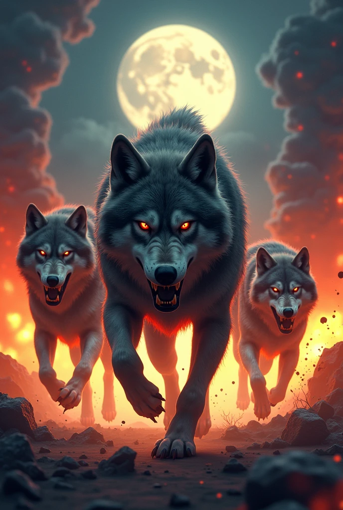 Many Wolves angry red pack run much fire explosions night moon