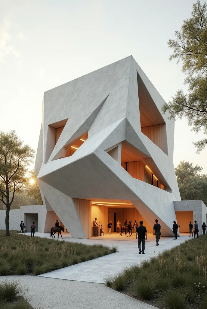 Create an architectural image of an equine therapy center with the characteristics of the works of the architect Carme Pinós inside and out and create the place with more abstract figures with horses and stables, that it looks complete and that the figures and style are not so common