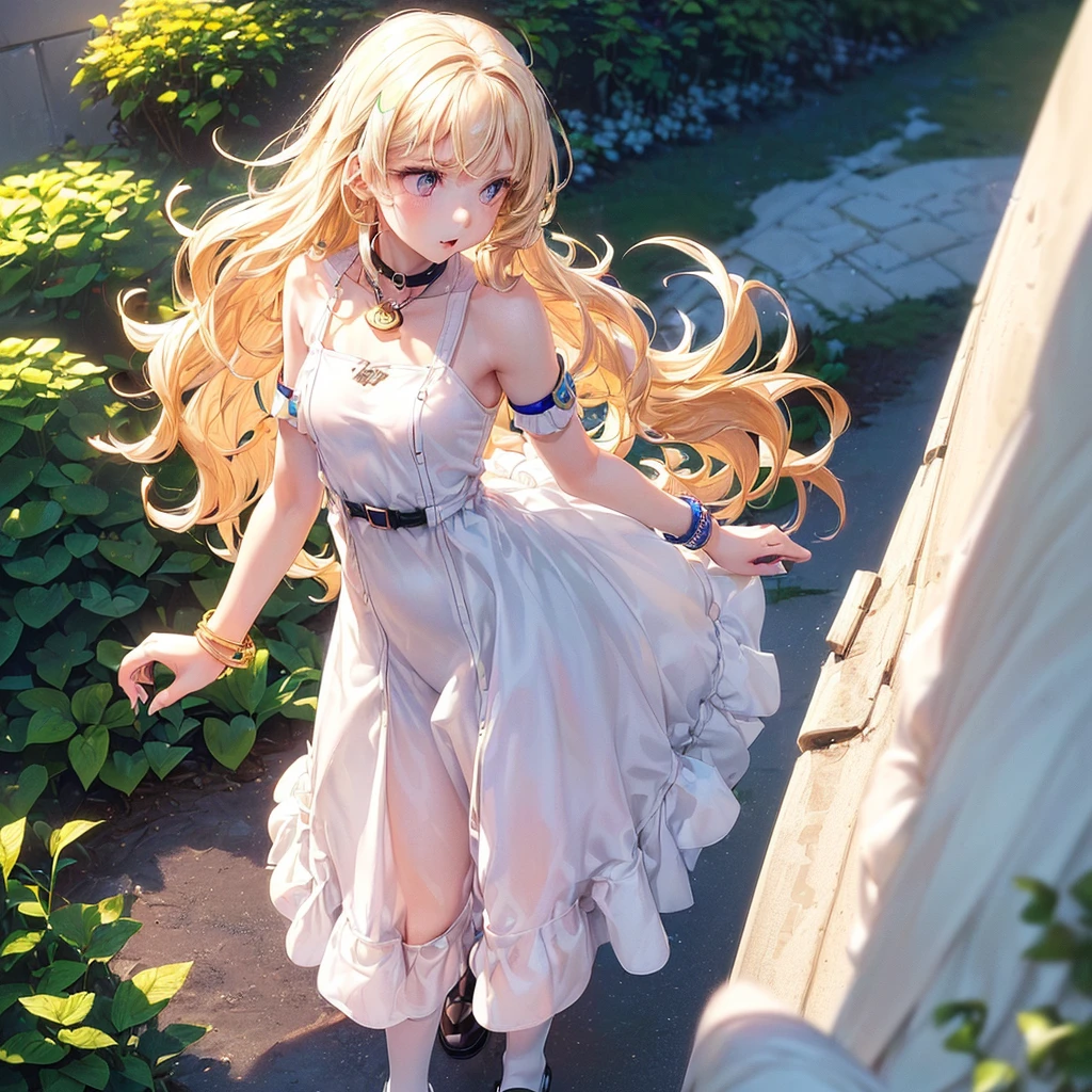((a single adult girl from the front view with white skin and a thin body with small breasts, she has wavy blonde hair, she wears an autism badge around her neck which is a colorful puzzle badge, she has several colorful bracelets on her wrist, she wears a simple and cute white dress while wearing black flats)) ((the setting is a garden)) ((daylighting, 8k))