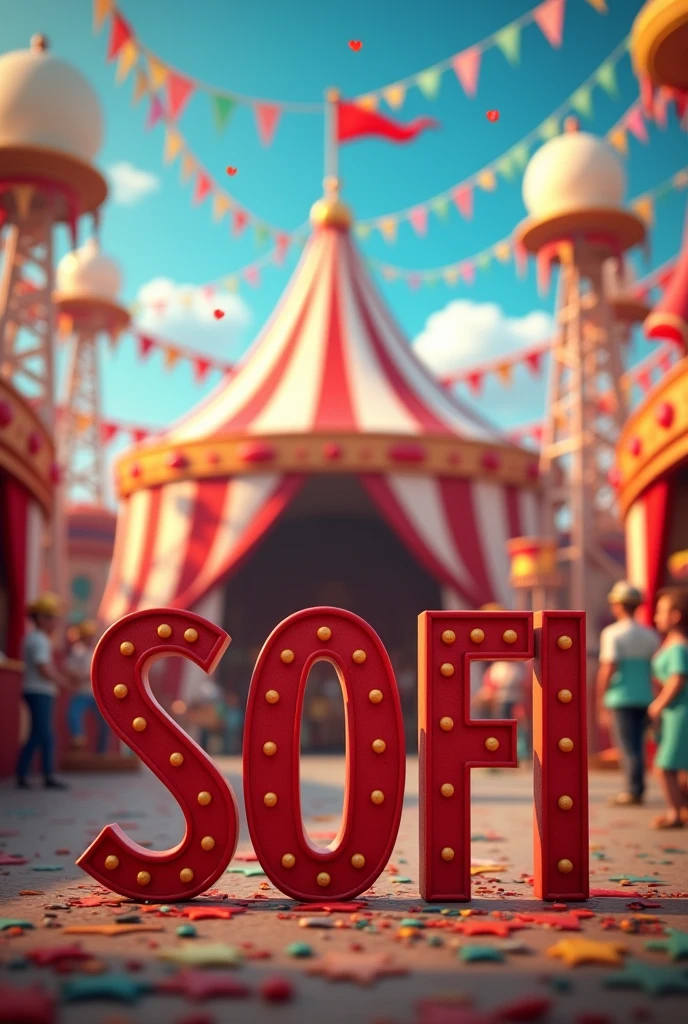 Create an image, In the foreground write the name of "SOFI" and "15" en maandusculas and con letras grandes, and de fondo un circo