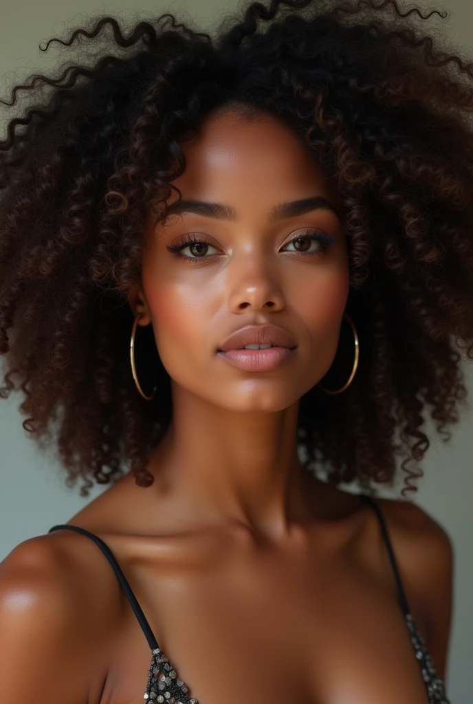 Mixed girl with curly hair with big lips,small nose,fat and facing forward and fat
